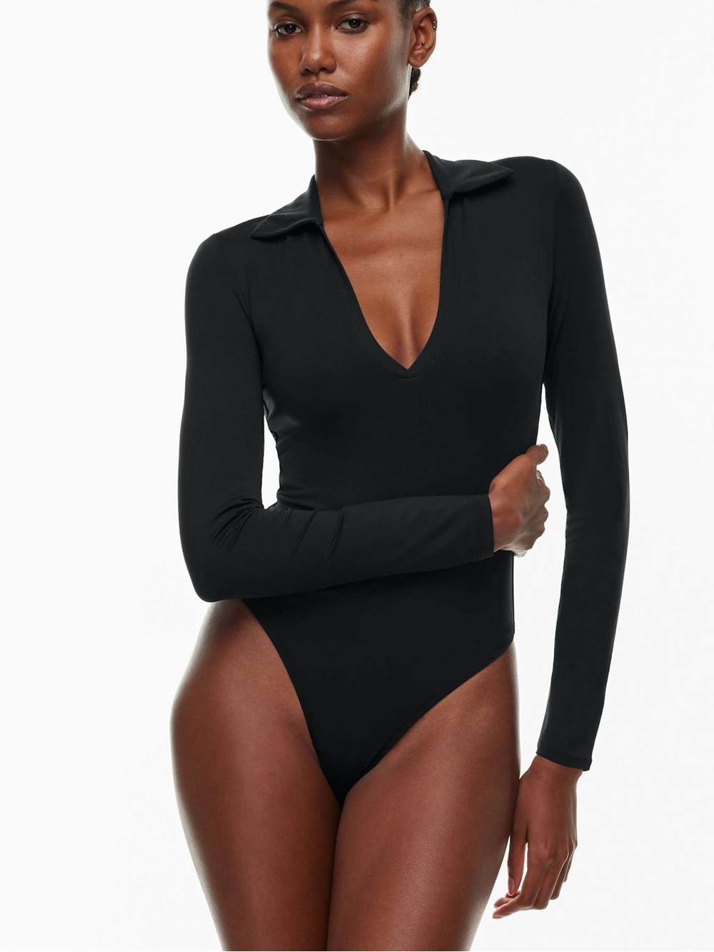 Aritzia Babaton Contour Polo Long Sleeve Bodysuit Black XS Double Layer